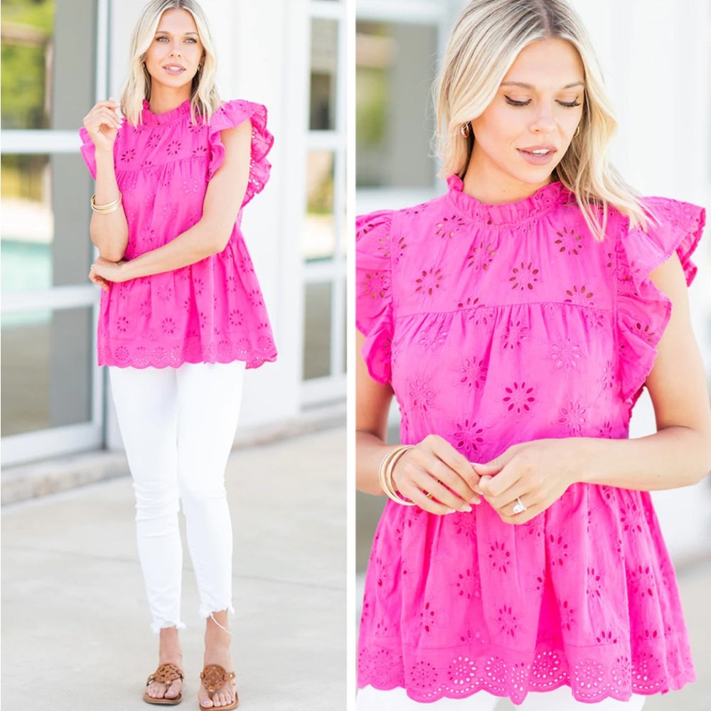 Entro Barbie Pink Tiered Top Ruffle Sleeves Eyelet Sz… - Gem